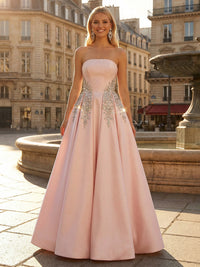 Strapless Glitter Beaded Satin A Line Prom Dress