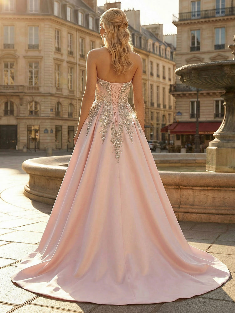 A Line Satin Strapless Shimmering Beaded Evening Dresses Ball Gown