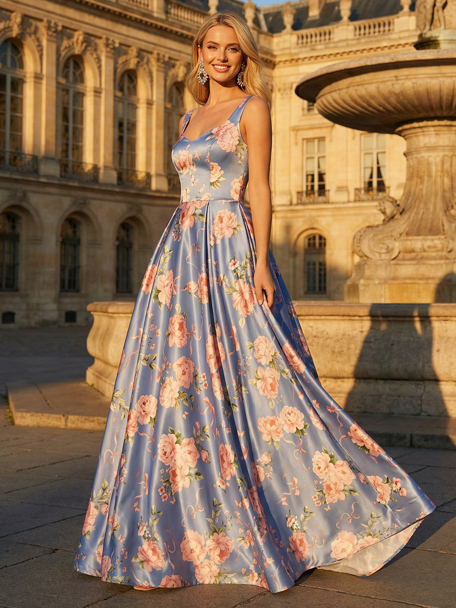 Spaghetti Straps Floral Satin A Line Prom Dress