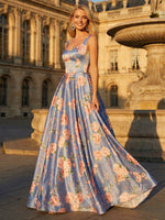 Long Square Neck Floral Satin A Line Formal Dresses