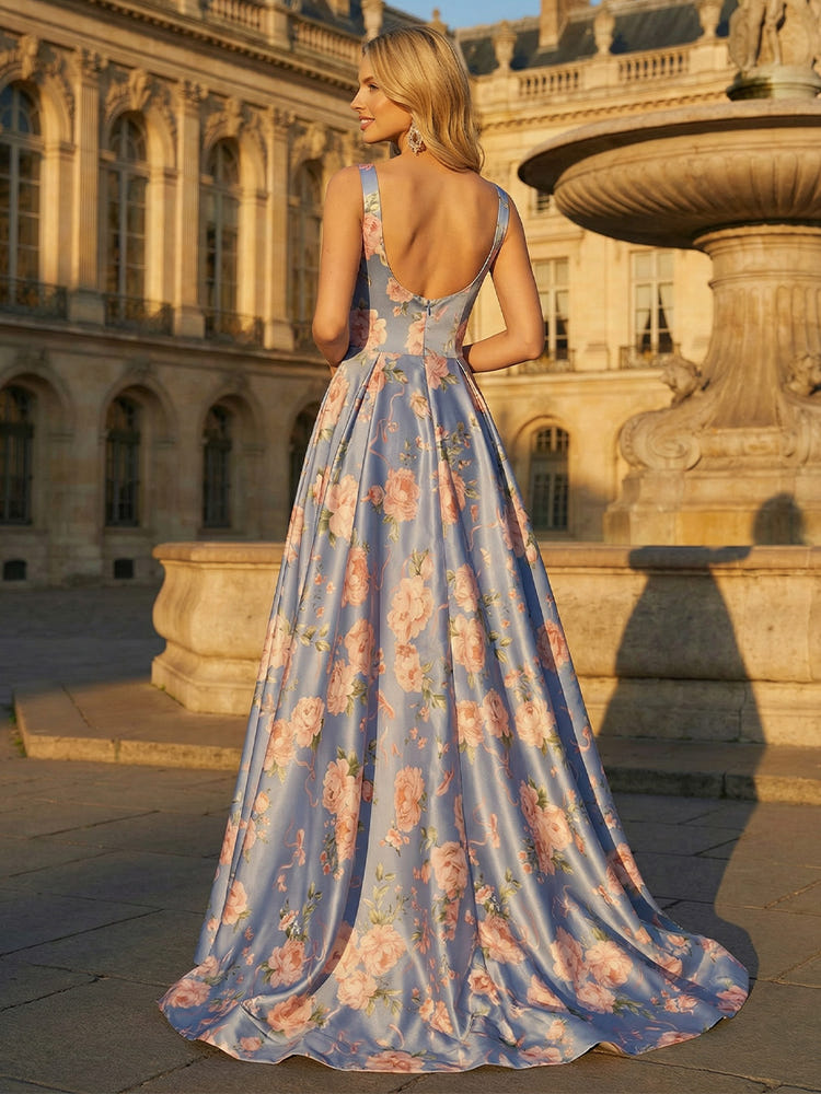 Long Square Neck Floral Satin A Line Formal Dresses