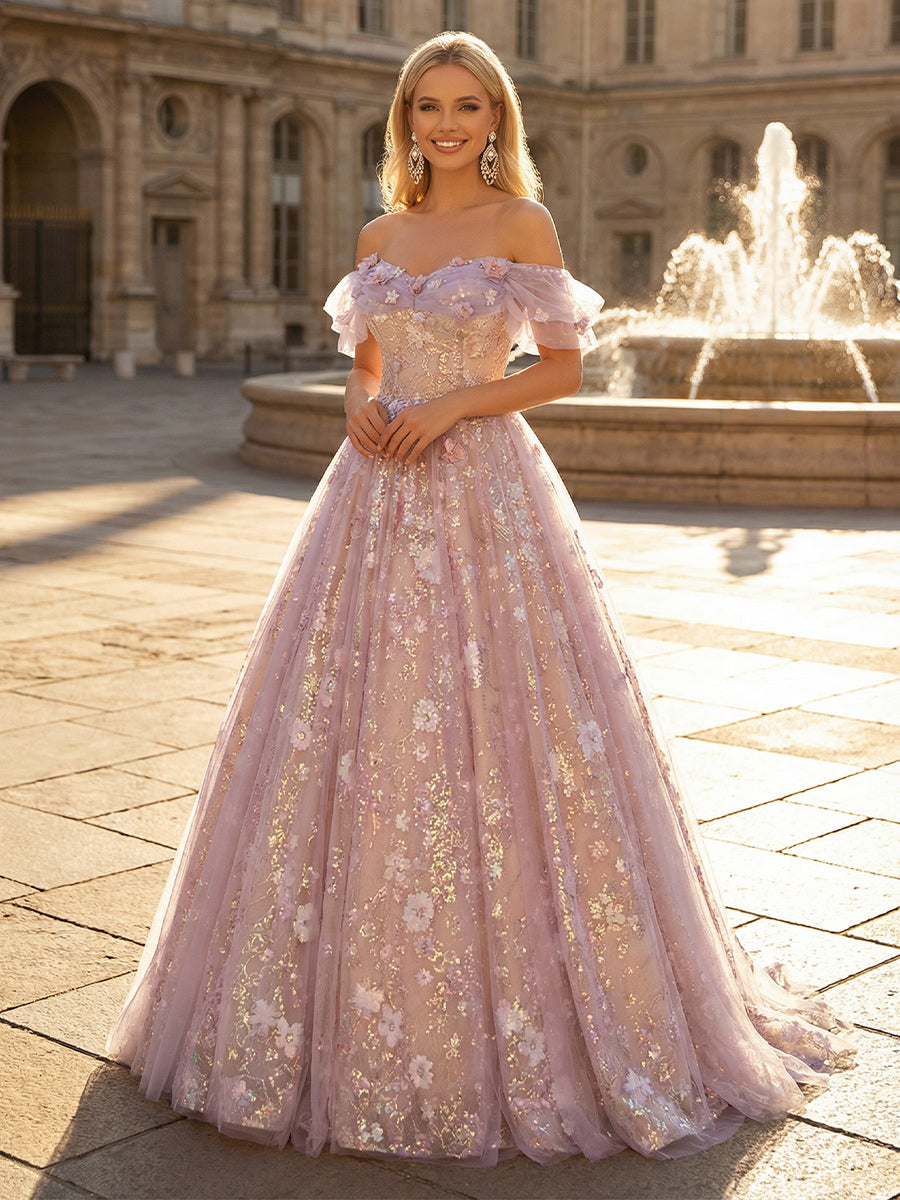 glitter a line prom dress Off the Shoulder Tulle Color:As Photo（Lilac）