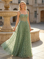 Transparent A Line Spaghetti Straps Glitter Tulle Evening Dresses