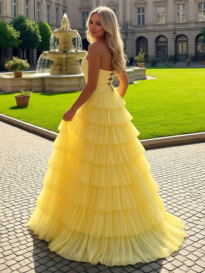 Strapless A Line Tiered Tulle Prom Dress