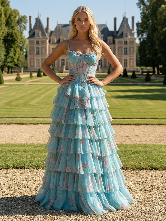 Spaghetti Straps A Line Tiered Tulle Prom Dress