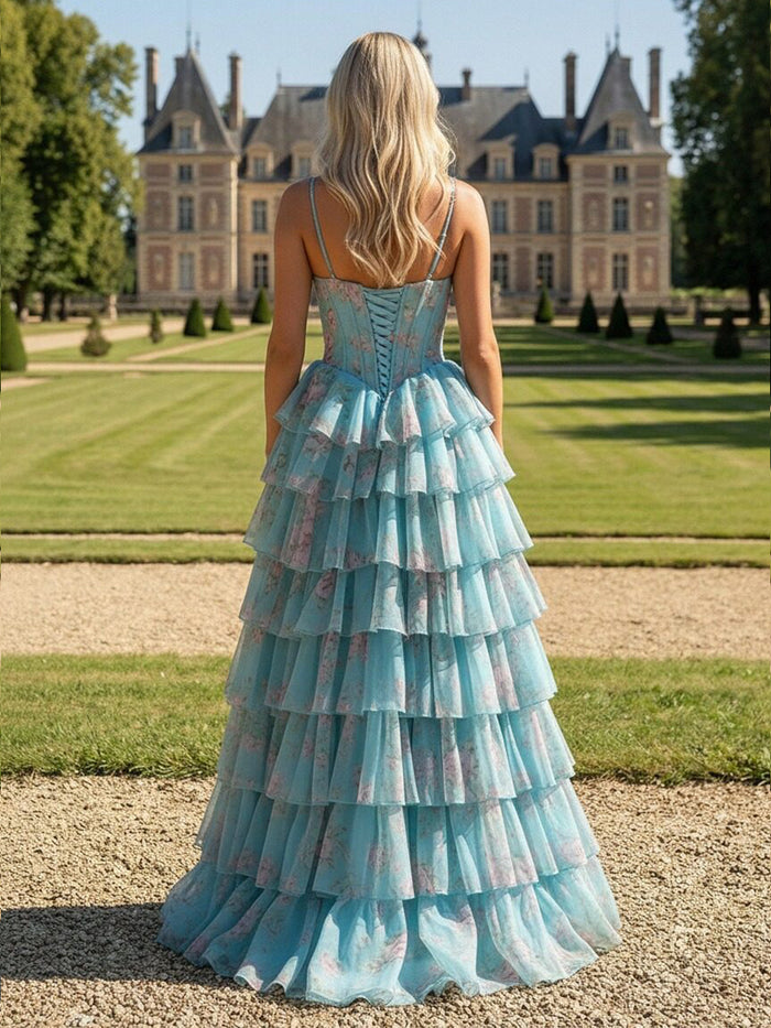 Spaghetti Straps A Line Tiered Tulle Prom Dress