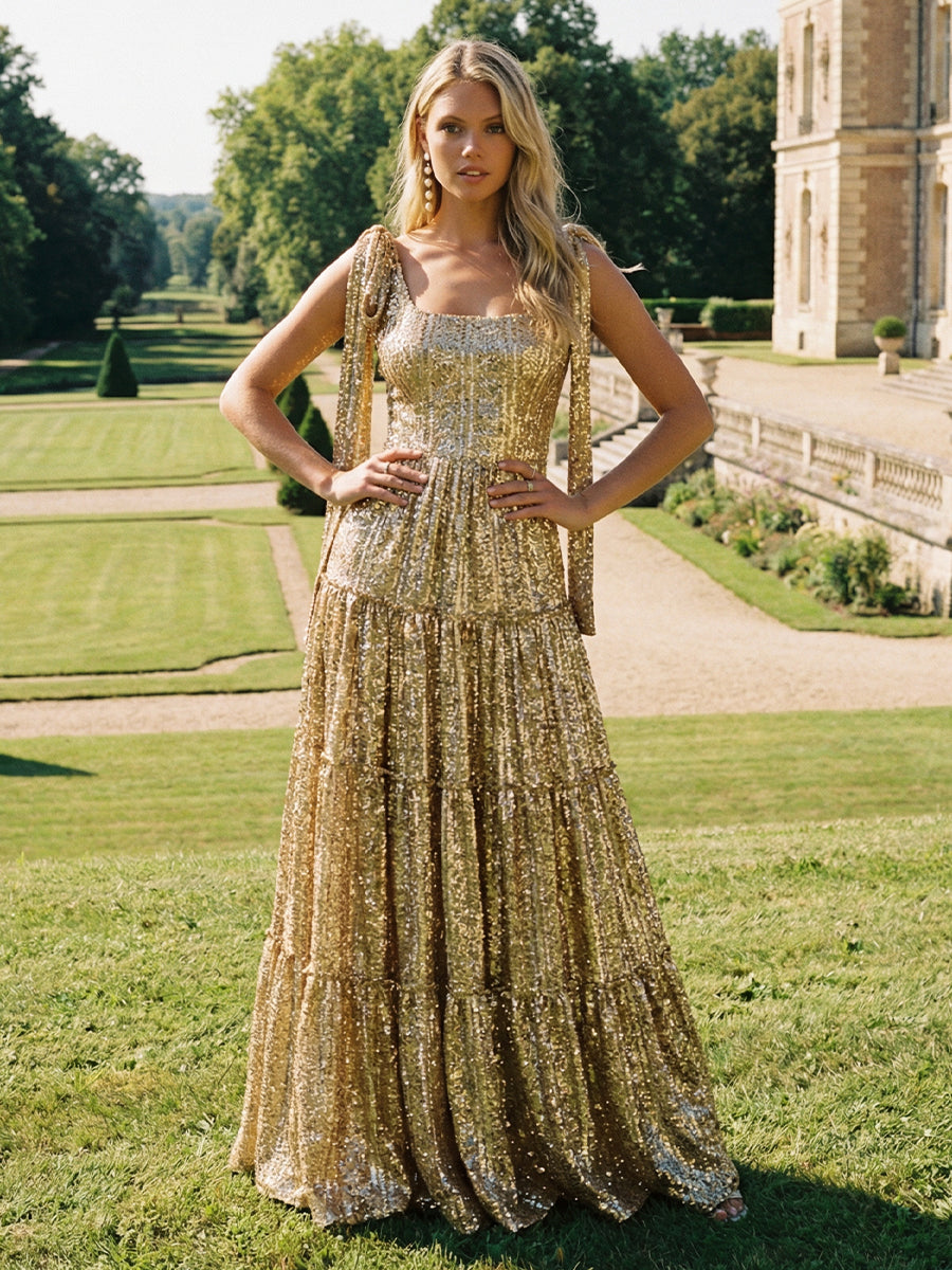 Spaghetti Straps A Line Sequin Prom Dress