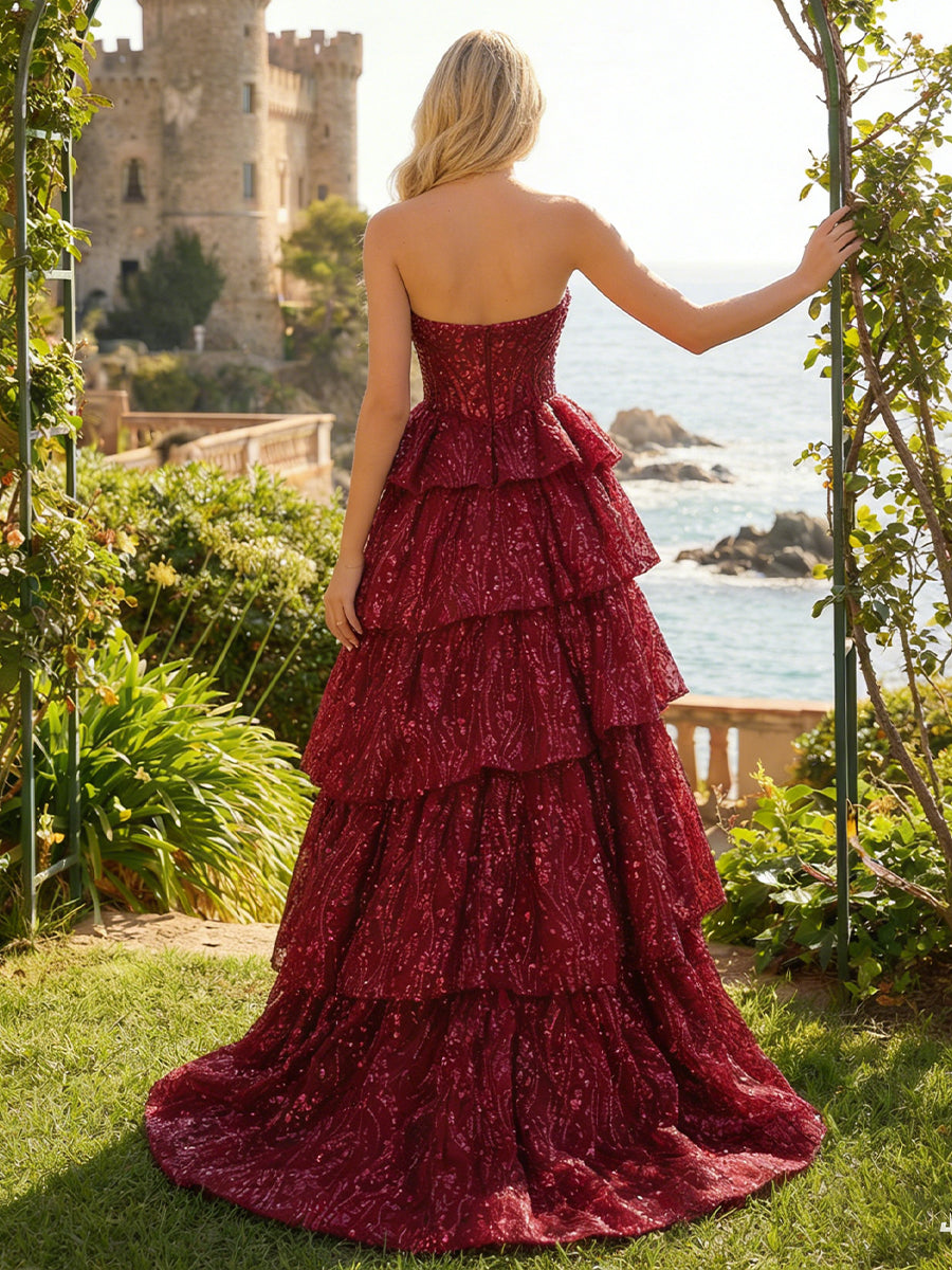 Strapless Tiered Tulle A Line Prom Dress with Lace Appliques