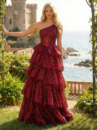 One Shoulder Tiered Tulle A Line Prom Dress with Lace Appliques