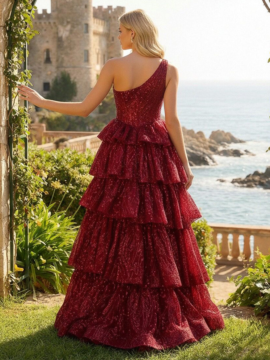 One Shoulder Tiered Tulle A Line Prom Dress with Lace Appliques