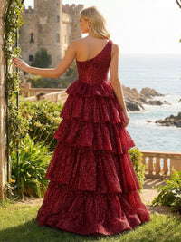 One Shoulder Tiered Tulle A Line Prom Dress with Lace Appliques