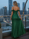 Sequin Mermaid Spaghetti Straps Off the Shoulder Formal Dresses with Pleats