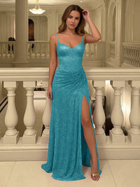 Satin Shimmering Sheath Spaghetti Straps Prom Dresses