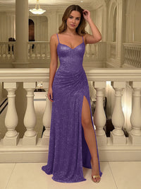 Satin Shimmering Sheath Spaghetti Straps Prom Dresses