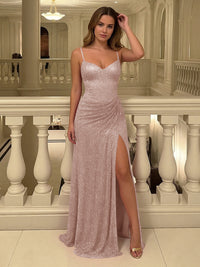Satin Shimmering Sheath Spaghetti Straps Prom Dresses