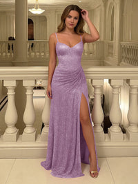 Satin Shimmering Sheath Spaghetti Straps Prom Dresses