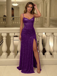 Satin Shimmering Sheath Spaghetti Straps Prom Dresses