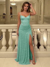 Satin Shimmering Sheath Spaghetti Straps Prom Dresses