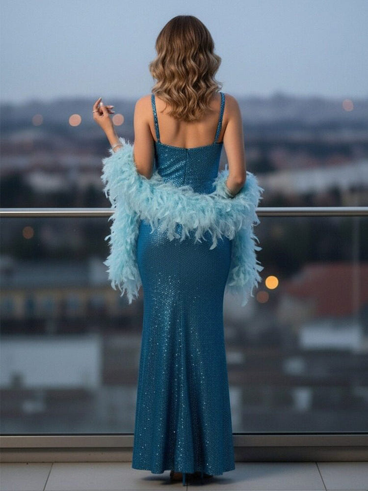 Spaghetti Straps Glitter Sequin Mermaid Formal Dresses with Feather Shawl