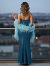 Spaghetti Straps Glitter Sequin Mermaid Formal Dresses with Feather Shawl
