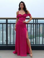 Off the Shoulder Glitter Sequin Mermaid Prom Dresses with Slit
