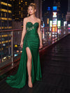 Glitter Lace Appliques Strapless Mermaid Prom Dresses with Slit