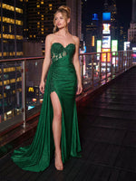 Glitter Lace Appliques Strapless Mermaid Prom Dresses with Slit