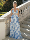 Chiffon A Line Halter Floral Print Prom Dresses