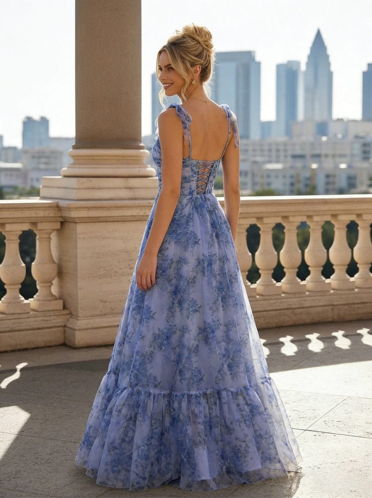 Chiffon A Line Spaghetti Straps Side Slit Prom Dresses