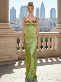Satin Sheath Spaghetti Straps Floral Formal Dresses