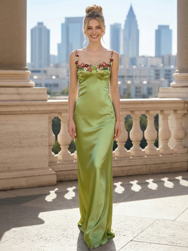 Satin Sheath Spaghetti Straps Floral Formal Dresses