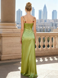 Satin Sheath Spaghetti Straps Floral Formal Dresses