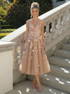 Tea Length Tulle A Line Spaghetti Straps Floral Formal Dresses