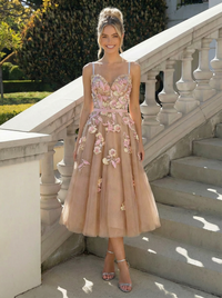 Tea Length Tulle A Line Spaghetti Straps Floral Formal Dresses