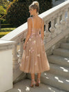Tea Length Tulle A Line Spaghetti Straps Floral Formal Dresses