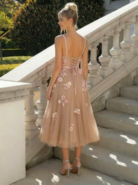 Tea Length Tulle A Line Spaghetti Straps Floral Formal Dresses