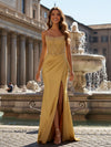 Satin Mermaid Spaghetti Straps Applique Evening Dresses with Slit