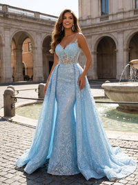 Sequin Embroidery Mermaid V Neck Applique Evening Dresses