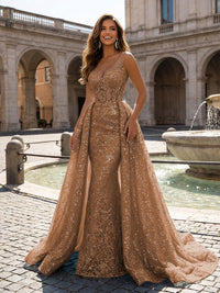 Sequin Embroidery Mermaid V Neck Applique Evening Dresses