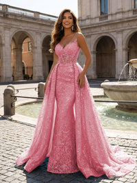 Sequin Embroidery Mermaid V Neck Applique Evening Dresses