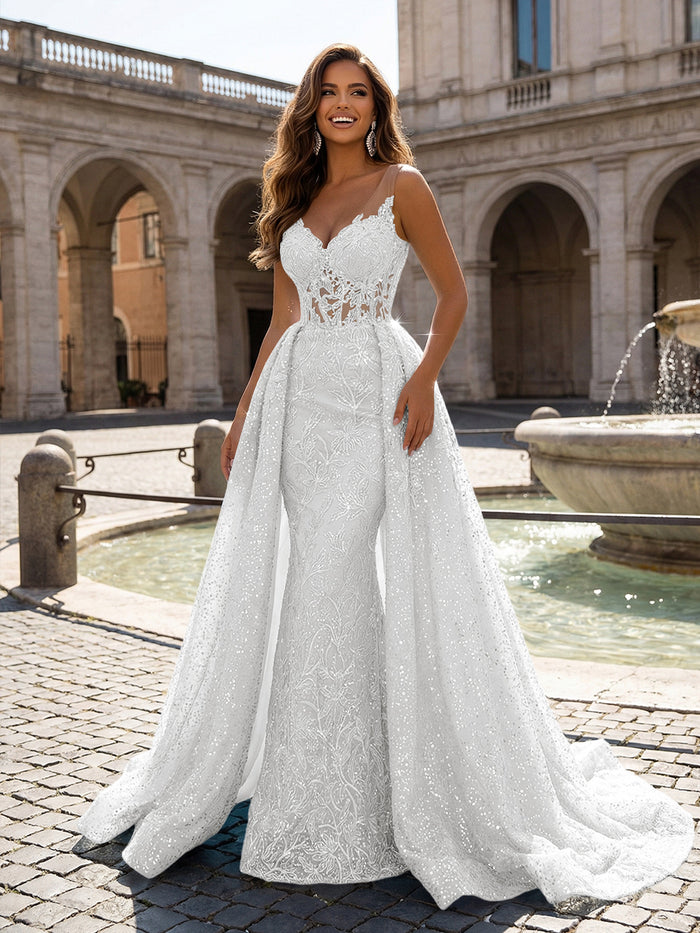 Sequin Embroidery Mermaid V Neck Applique Evening Dresses