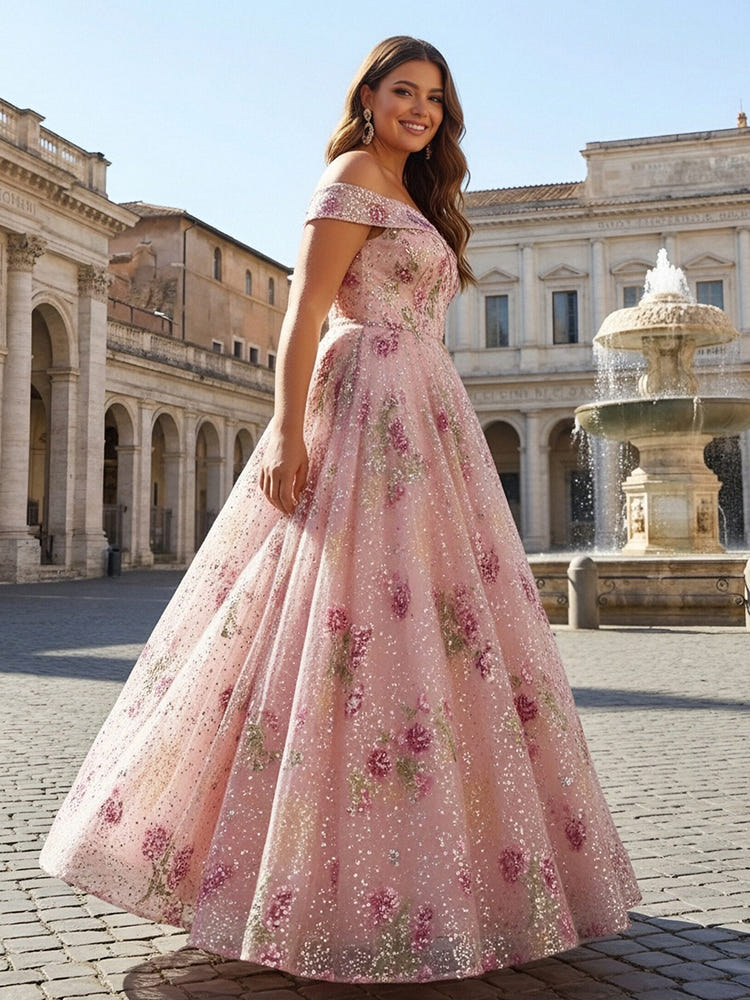 Off the Shoulder Floral Sequin Embroidery A Line Evening Dresses