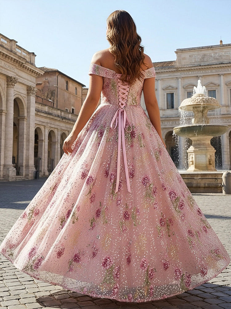 Off the Shoulder Floral Sequin Embroidery A Line Evening Dresses