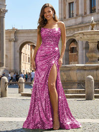 Strapless Sequin Mermaid Long Prom Dresses with Pleats