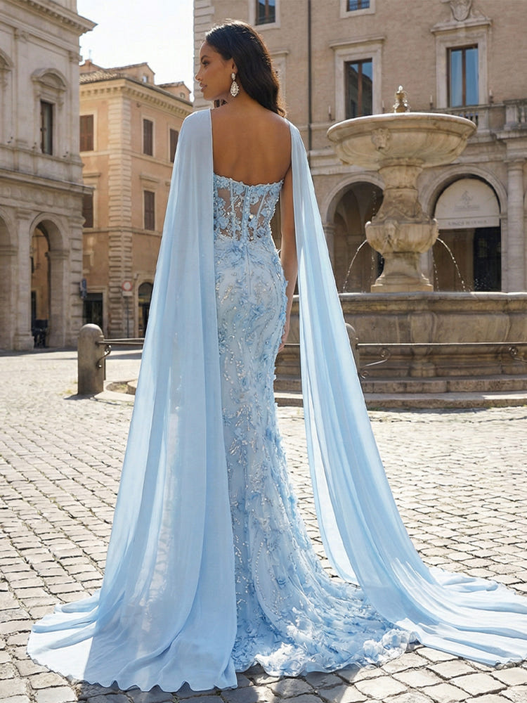 Sequin Embroidered Flower Mermaid Strapless Evening Dresses with Sash
