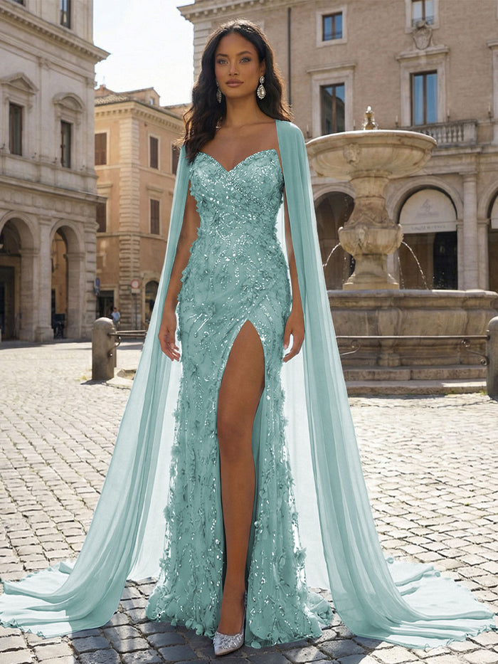 Sequin Embroidered Flower Mermaid Strapless Evening Dresses with Sash