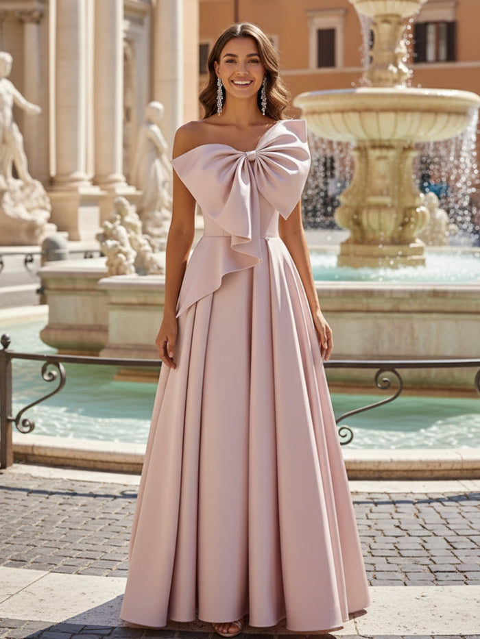 Satin A Line Strapless Bow Prom Dresses