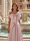 Satin A Line Strapless Bow Prom Dresses