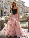 Floral Sequin Embroidered A Line Strapless Evening Dresses with Train