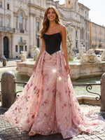 Floral Sequin Embroidered A Line Strapless Evening Dresses with Train